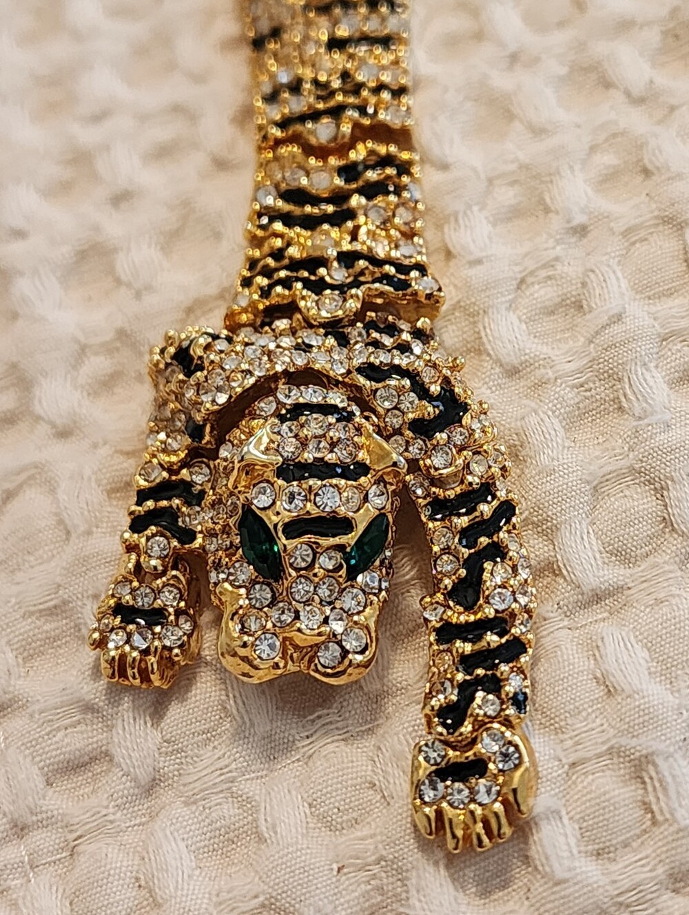 Gold-Tone Black Crystal Panther Tiger Statement Panel Bracelet Heavy Well Made